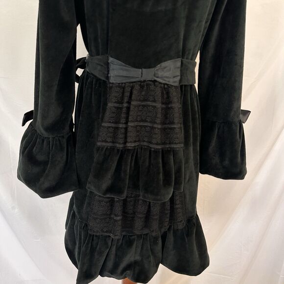 BETSEY JOHNSON Black Velour Robe SMALL Pockets Ribbon Bows Lace Ruffle - Picture 2 of 9